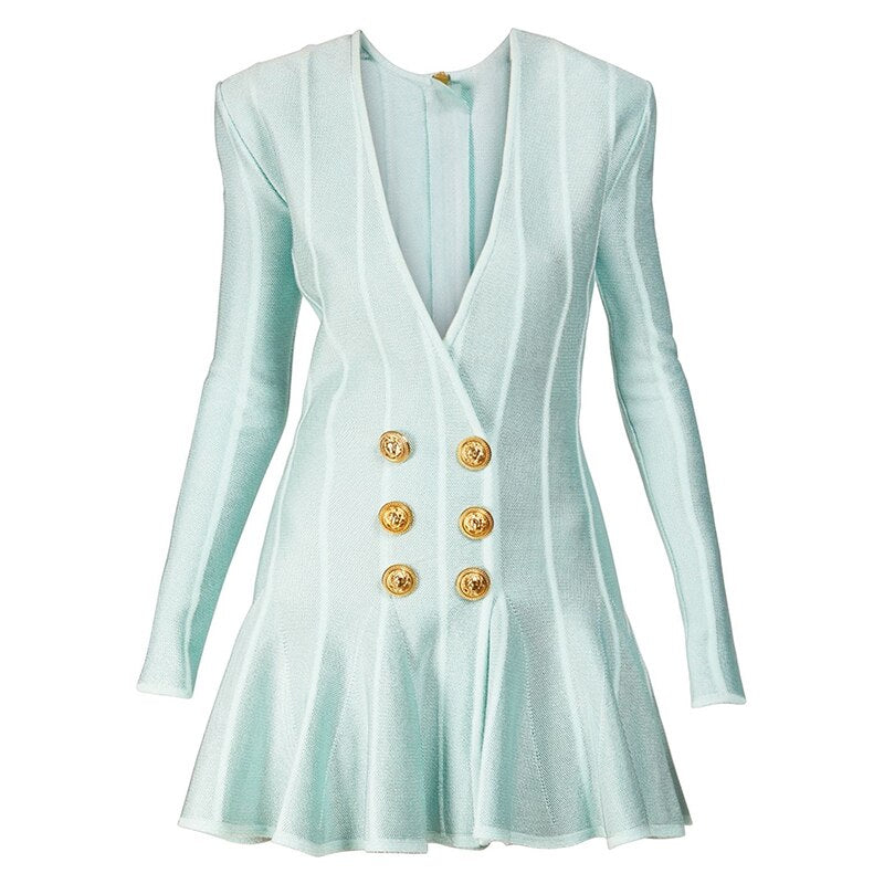Women Elegant Green Striped V-Neck Zip Mini Dress