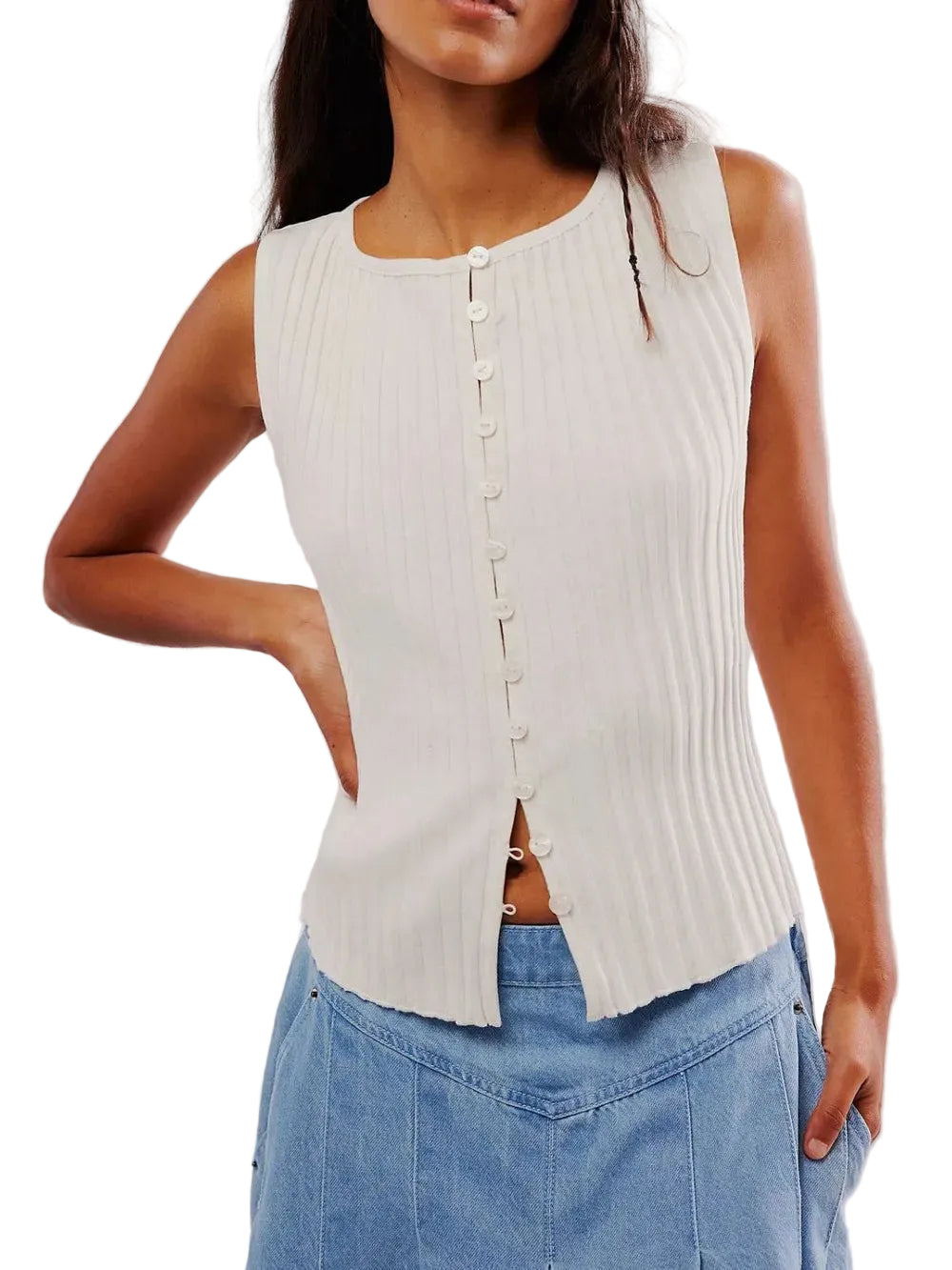 Women Button Down Round Neck Sweater Vest