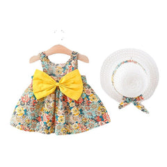 Kids Girls Pastoral Princess Dress + Beach Hats Set