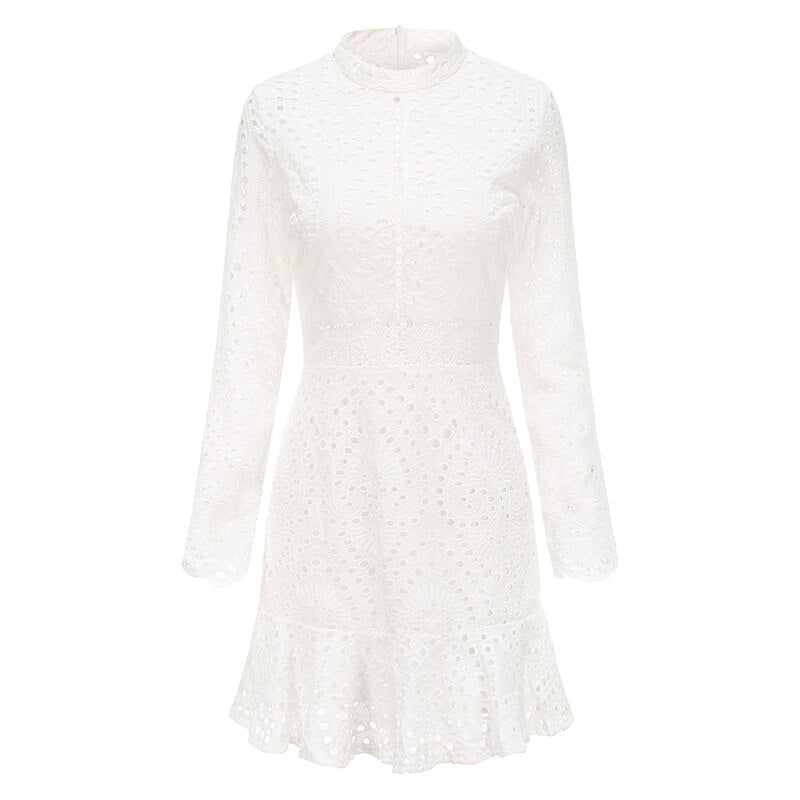 Women Elegant White Lace Embroidery Mini Dress