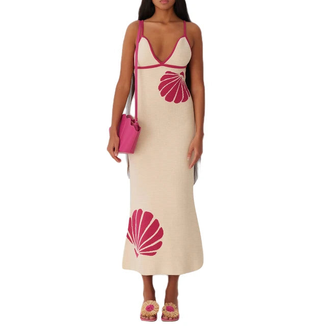 Women Summer Sleeveless V Neck Shell Print Dresses