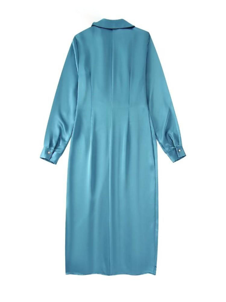 Women Casual Long Sleeve Button-Up Satin Dress