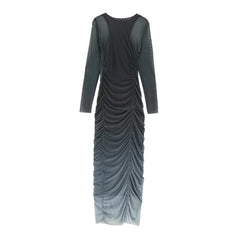 Woman Vintage Pleated Printed Silk Midi Long Dress