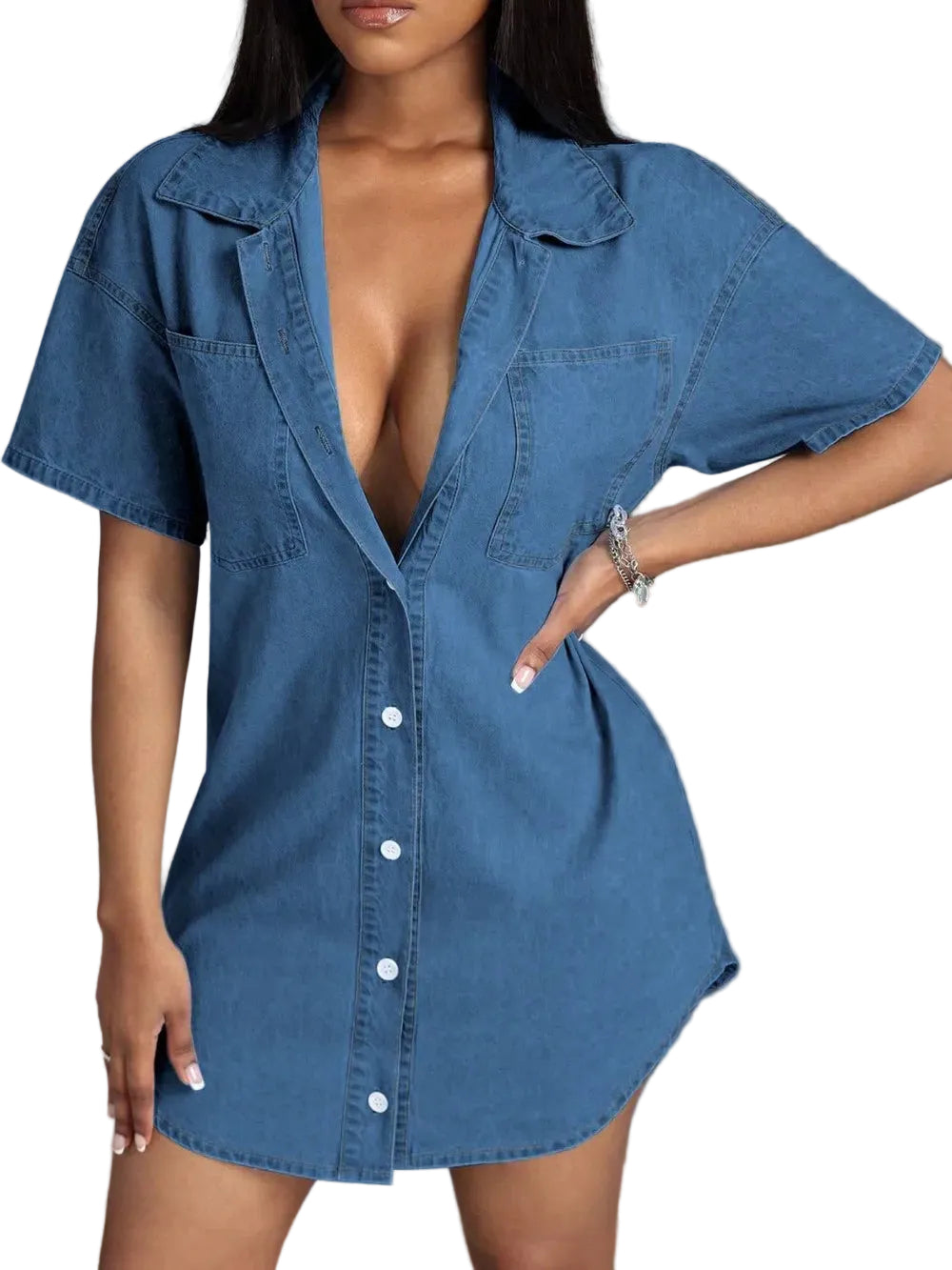 Women Button Down Collared Neck Denim Dress