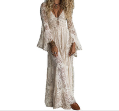 Women Elegant V-Neck Lace Spliced Dress