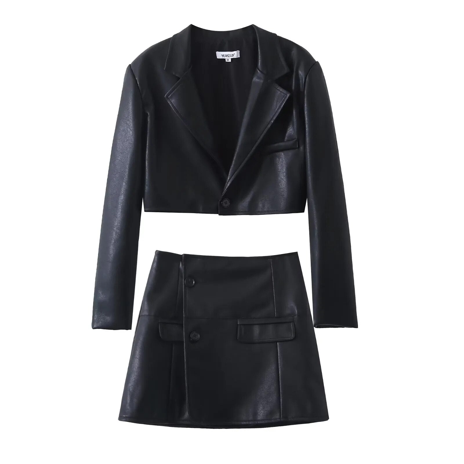 Women Faux Leather Cropped Jacket + Button Mini Skirt Suit