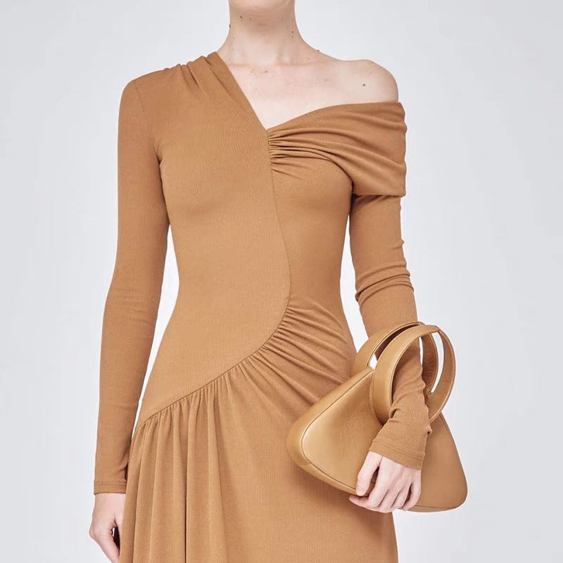 Women Asymmetric Cotton Pleated V-Neck High Waist Dress