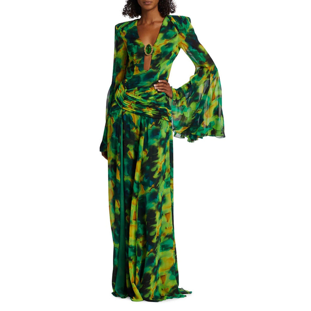 Women Summer Print Flare Sleeve Dress