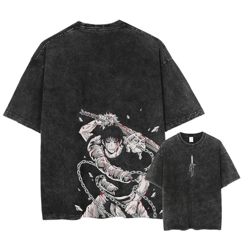 Men Harajuku Anime Printed Streetwear Washed T-shirt