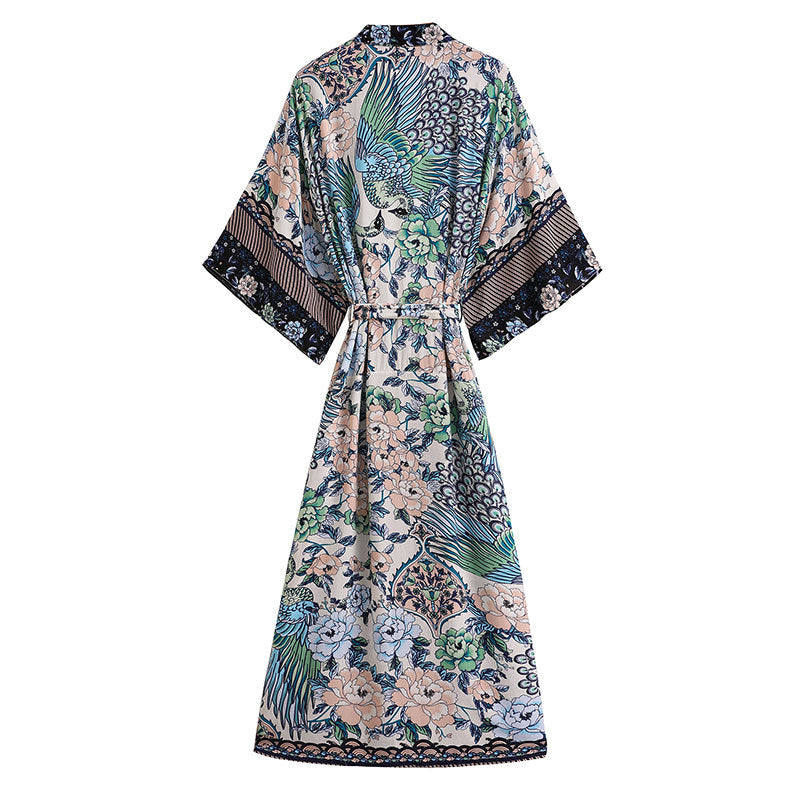 Women Cotton Peacock Print Cardigan Robe Dresses