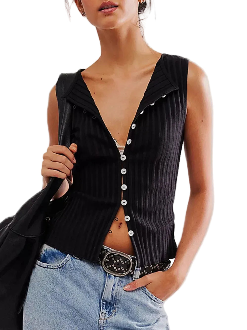 Women Button Down Round Neck Sweater Vest