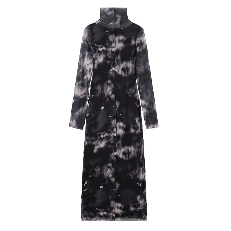 Women Elegant Tulle Long Sleeve Turtleneck Dress
