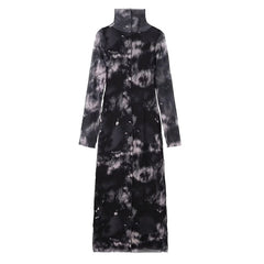 Women Elegant Tulle Long Sleeve Turtleneck Dress