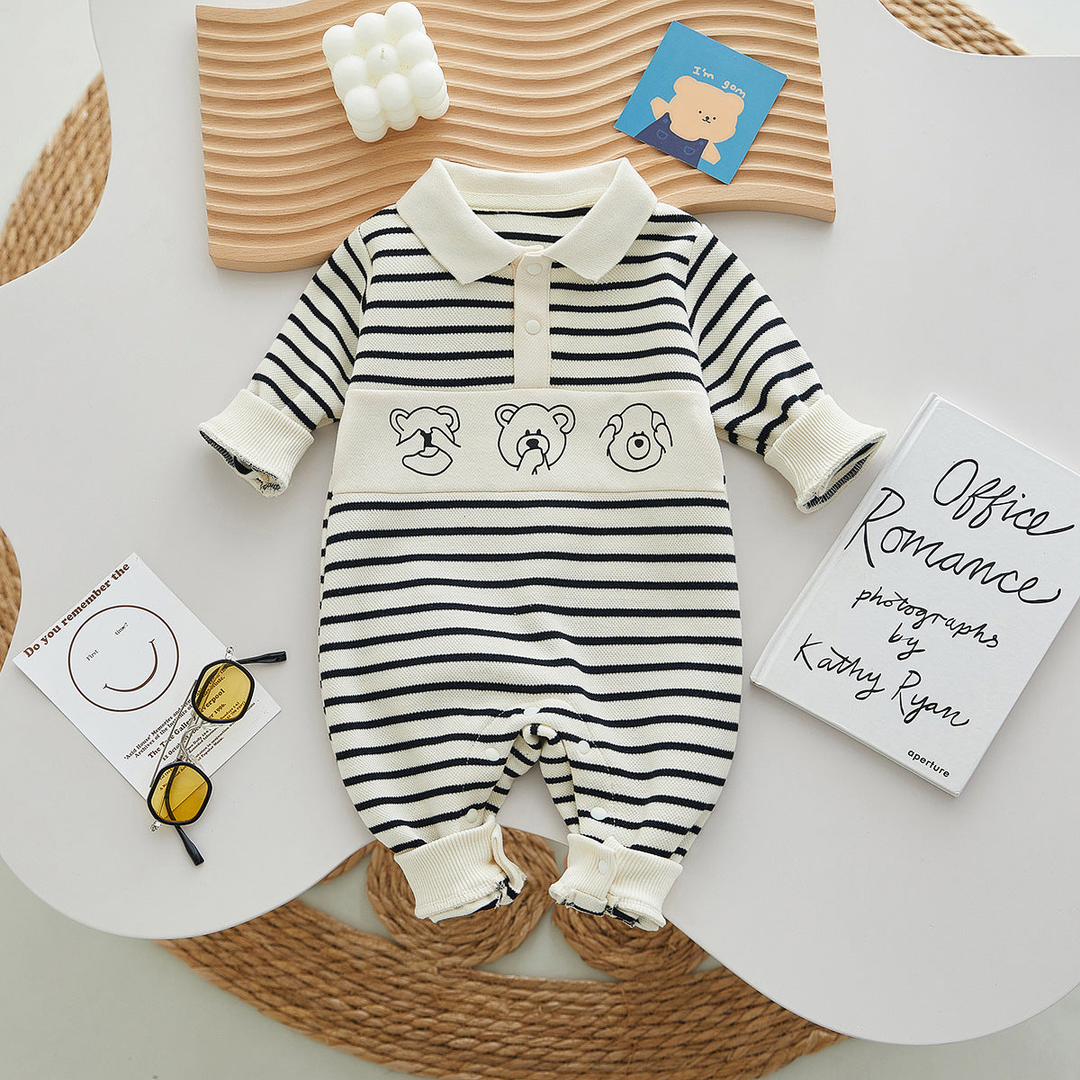 Newborn Boy Baby Striped Bear Lapel Baby Onesie