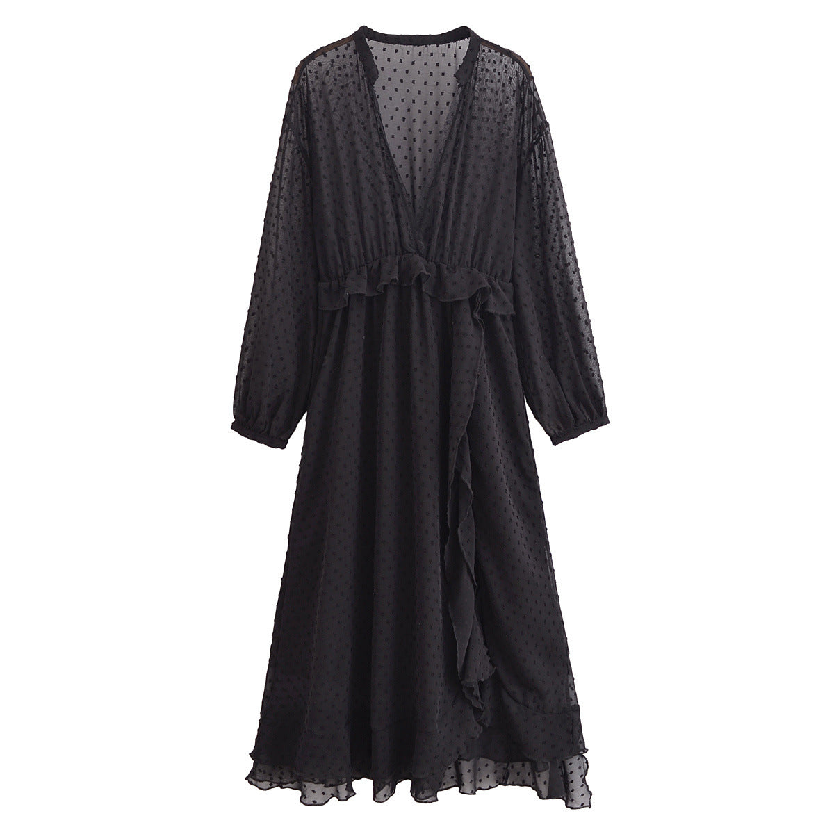 Women Casual Deep V-neck Polka Dot Chiffon Dress