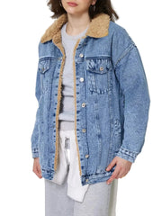 Women Button Up Collared Neck Plush Denim Jacket