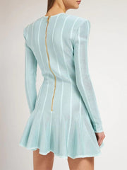 Women Elegant Green Striped V-Neck Zip Mini Dress