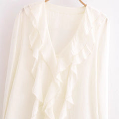 Women Casual Layered Ruffle Edge Deep V-Neck Shirt