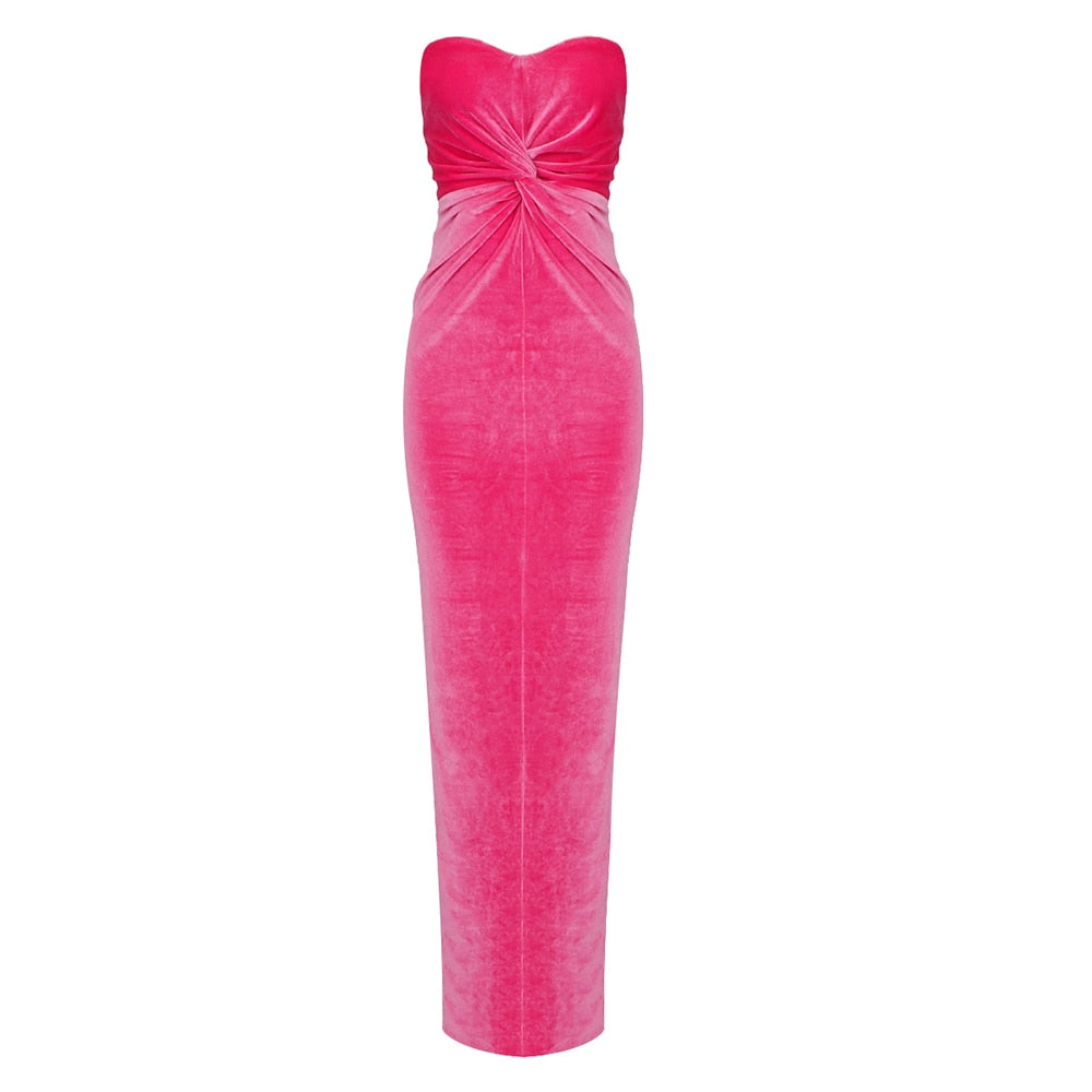 Women Elegant Velvet Cross Knot Bodycon Long Dress