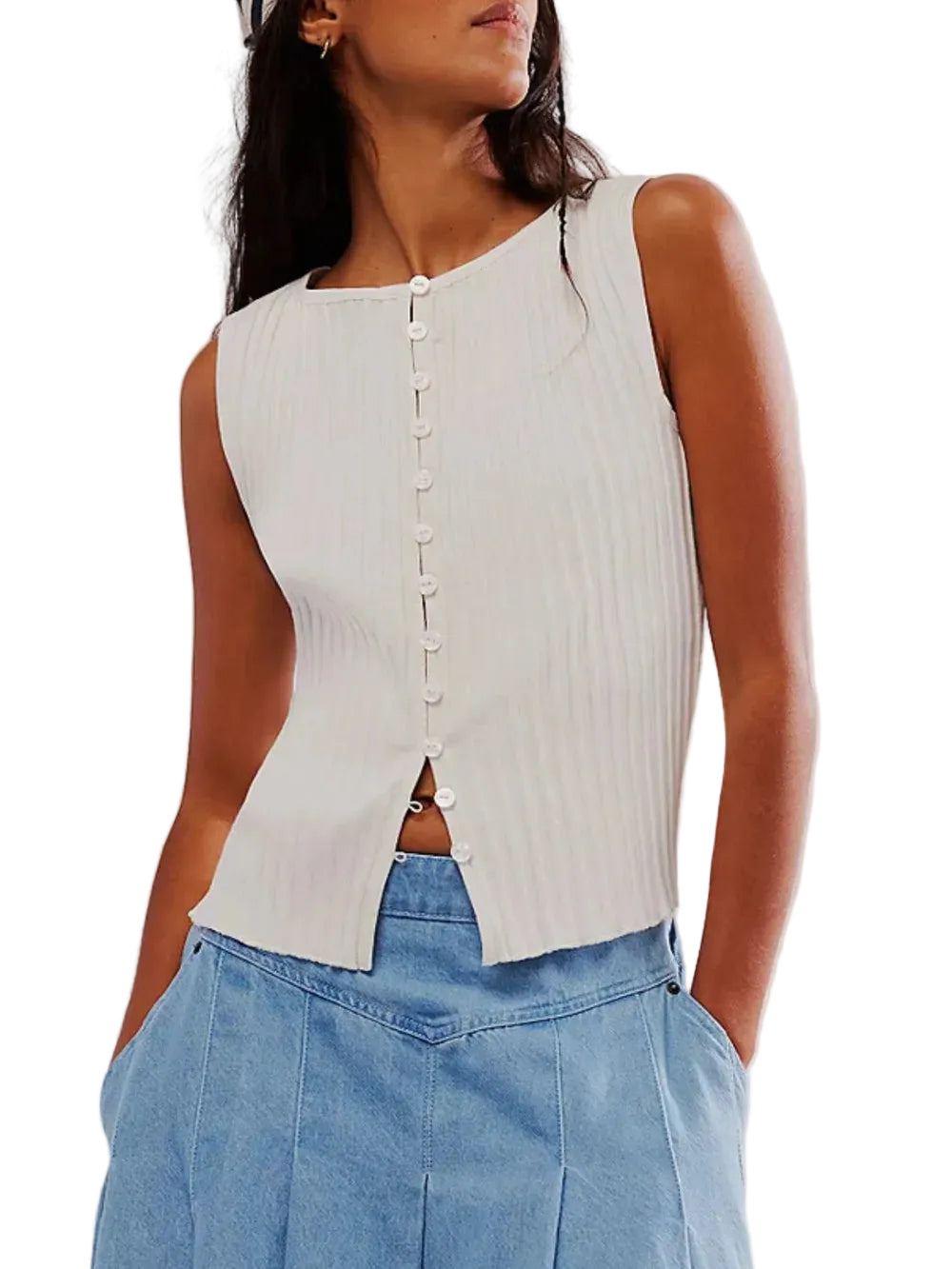 Women Button Down Round Neck Sweater Vest