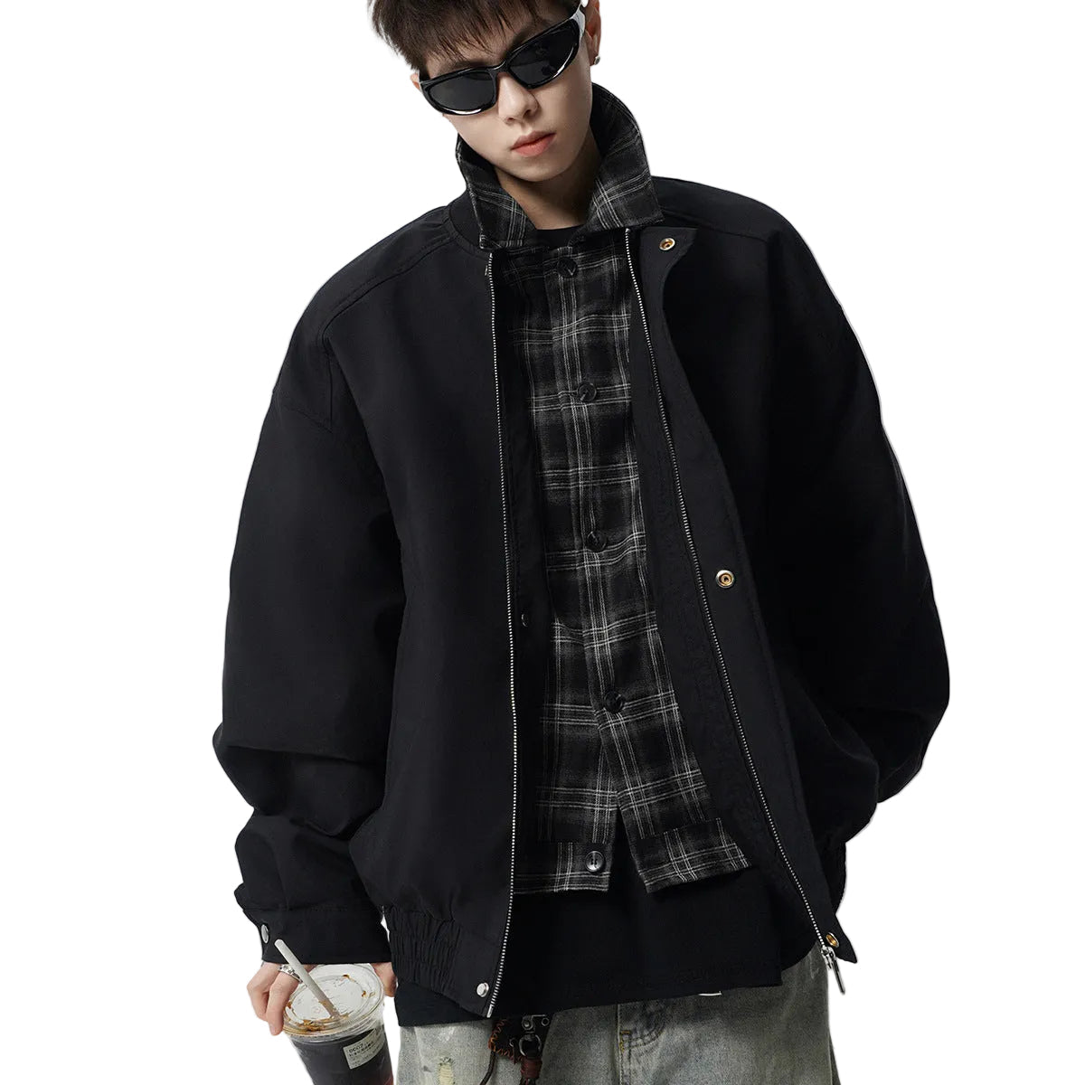 Men Checkered Patchwork Retro Street Baseball Jacket
