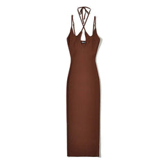 Women Sleeveless Knitted Cross Halter Midi Dress