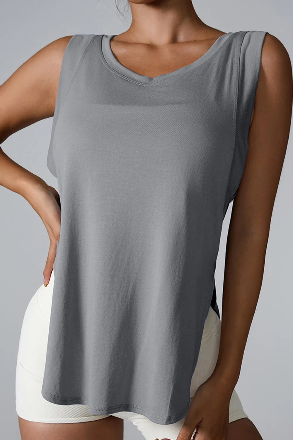 Women Slit Round Neck Sleeveless Shirts