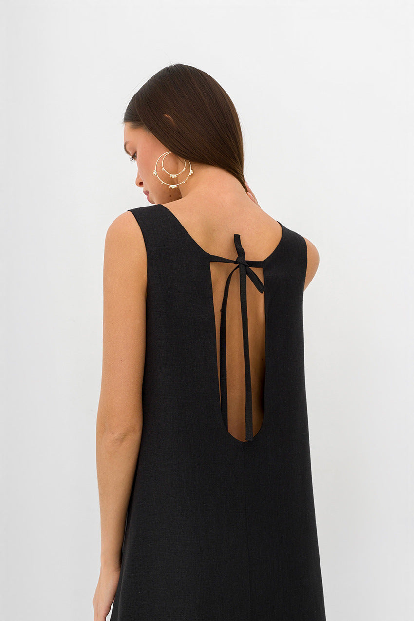 Women French Loose Cotton Linen A-Line Dress