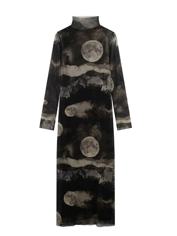 Women Tulle Printed Turtleneck Vintage Long Sleeve Dress