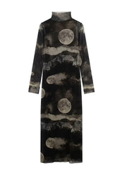 Women Tulle Printed Turtleneck Vintage Long Sleeve Dress