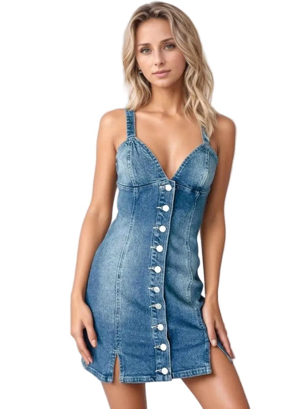 Women Button Down Mini Cami Denim Dress