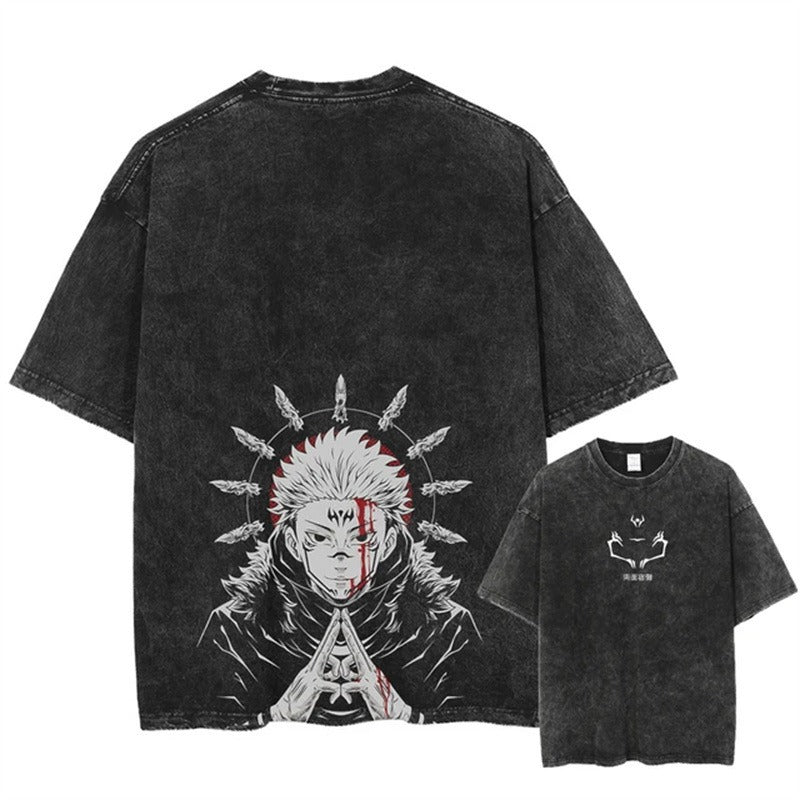 Men Harajuku Anime Printed Streetwear Washed T-shirt