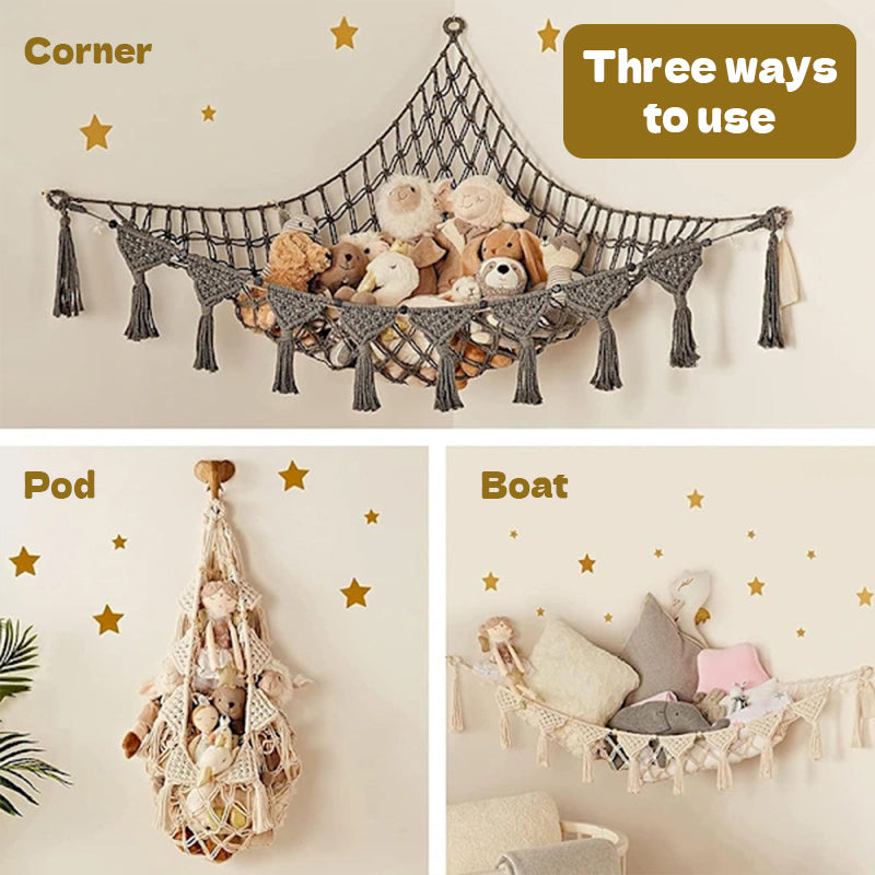 Space-Saving Toy Hammock, Decorative Woven Net to Organize Giant Stuffed Animals in Bedroom