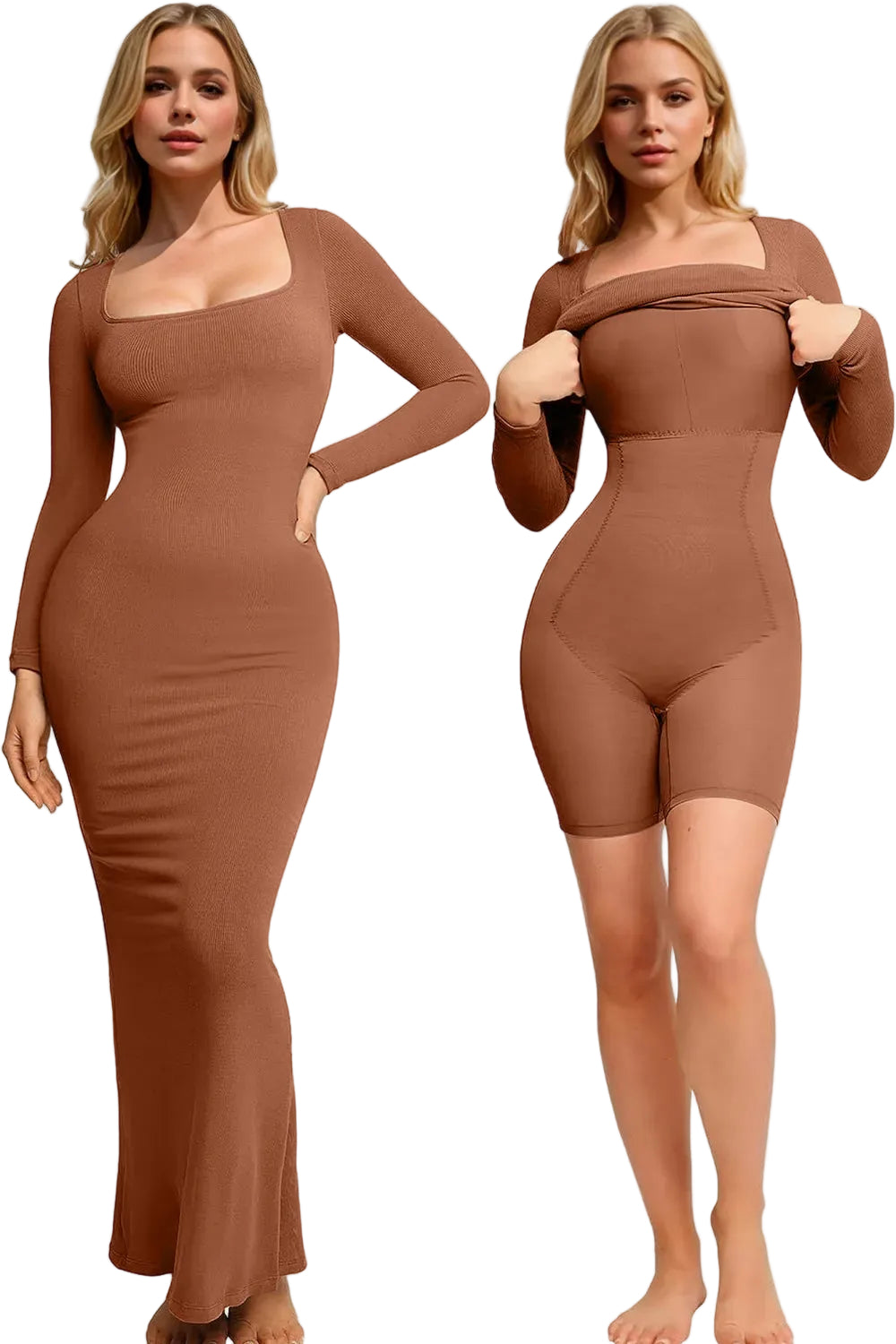 Women Built-In Shapewear Long Sleeve Maxi Dress
