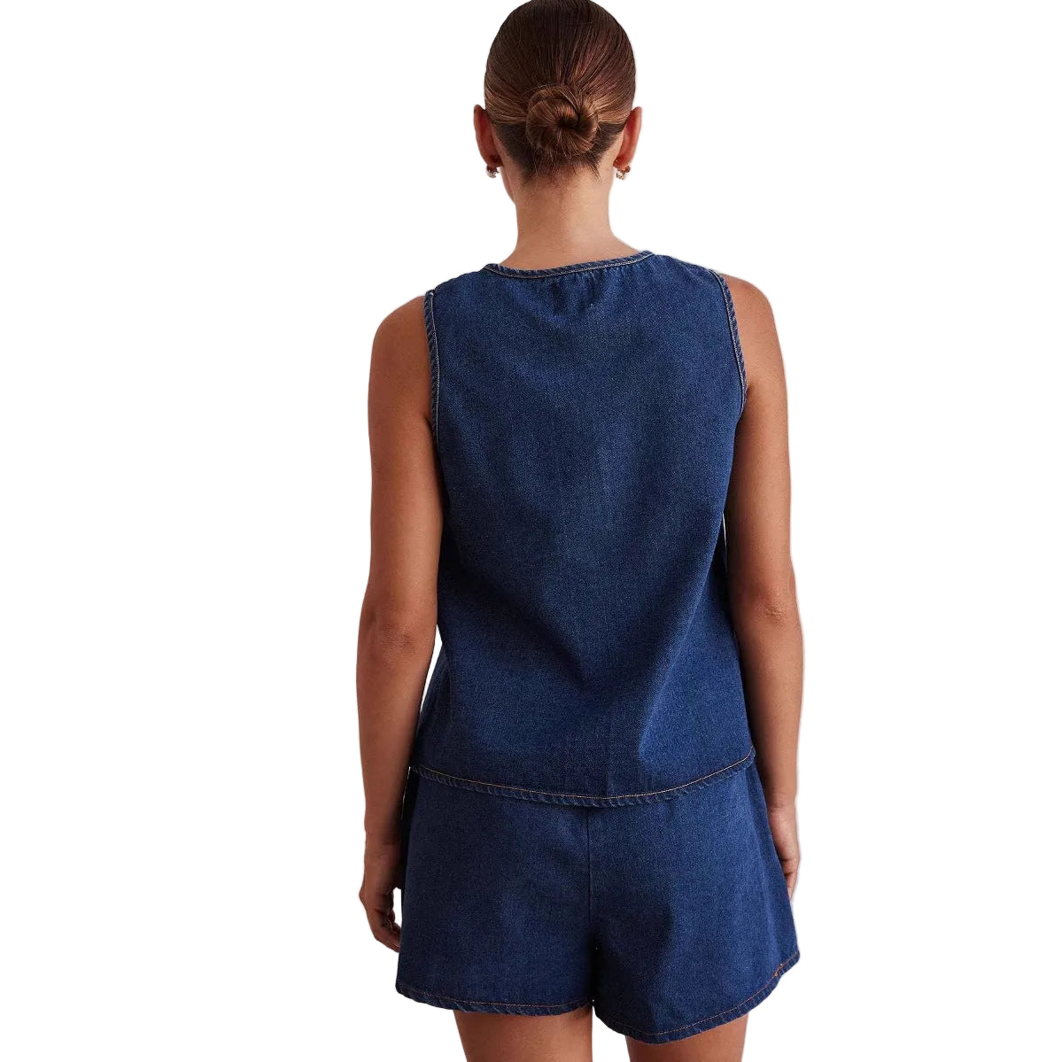 Women Casual Denim Sleeveless Lace Up Vest + Shorts Set