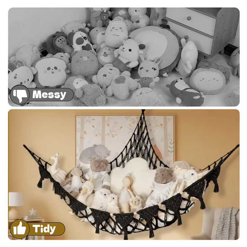 Space-Saving Toy Hammock, Decorative Woven Net to Organize Giant Stuffed Animals in Bedroom