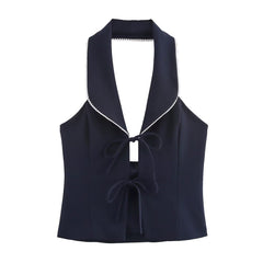 Women Bow Spliced Neck Halter Tank Top