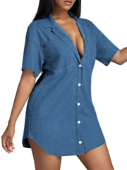 Women Button Down Collared Neck Denim Dress