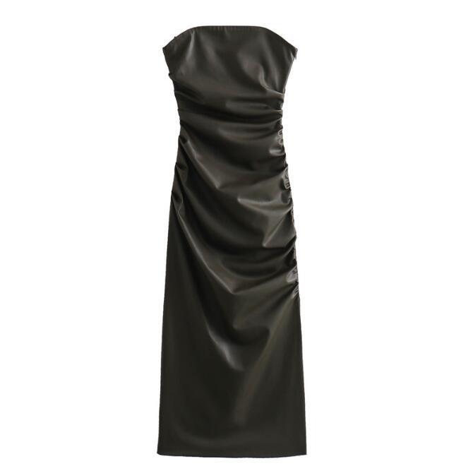 Women Fashion Strapless Faux Leather Draped Midi Dress