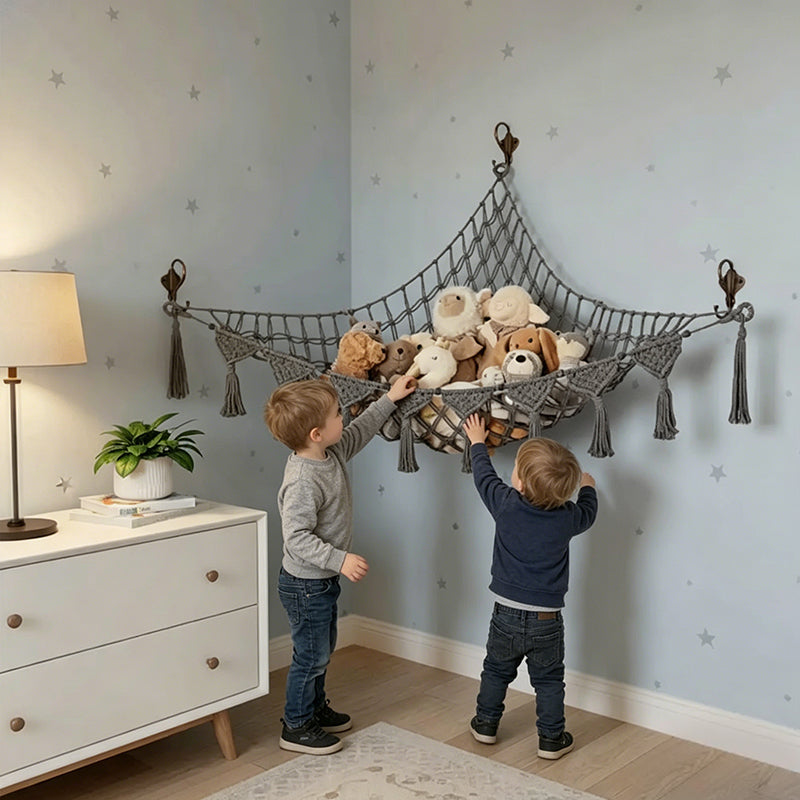 Space-Saving Toy Hammock, Decorative Woven Net to Organize Giant Stuffed Animals in Bedroom