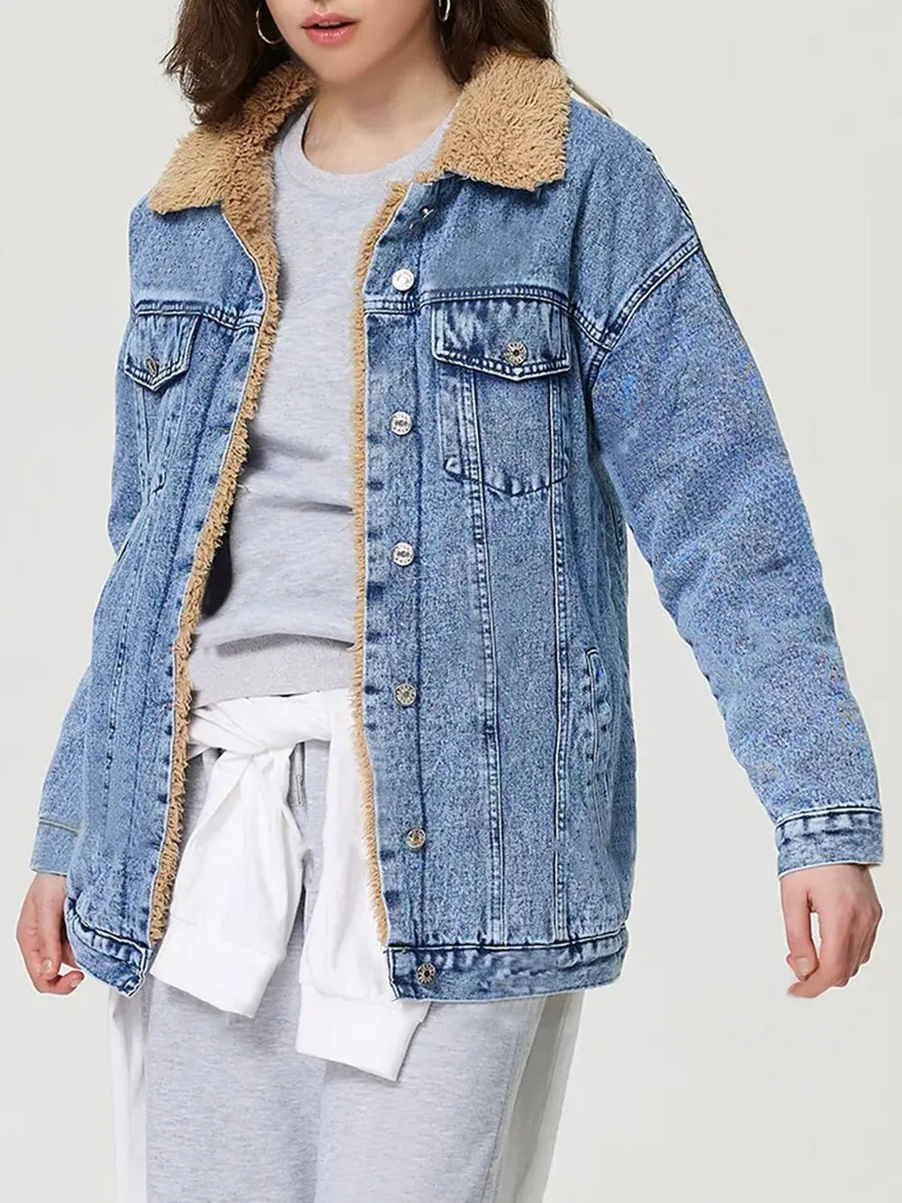 Women Button Up Collared Neck Plush Denim Jacket