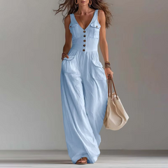 Pocket V-neck button vest jumpsuit for women