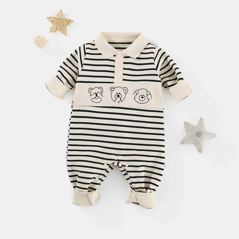 Newborn Boy Baby Striped Bear Lapel Baby Onesie