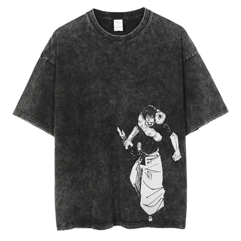 Men Harajuku Anime Printed Streetwear Washed T-shirt