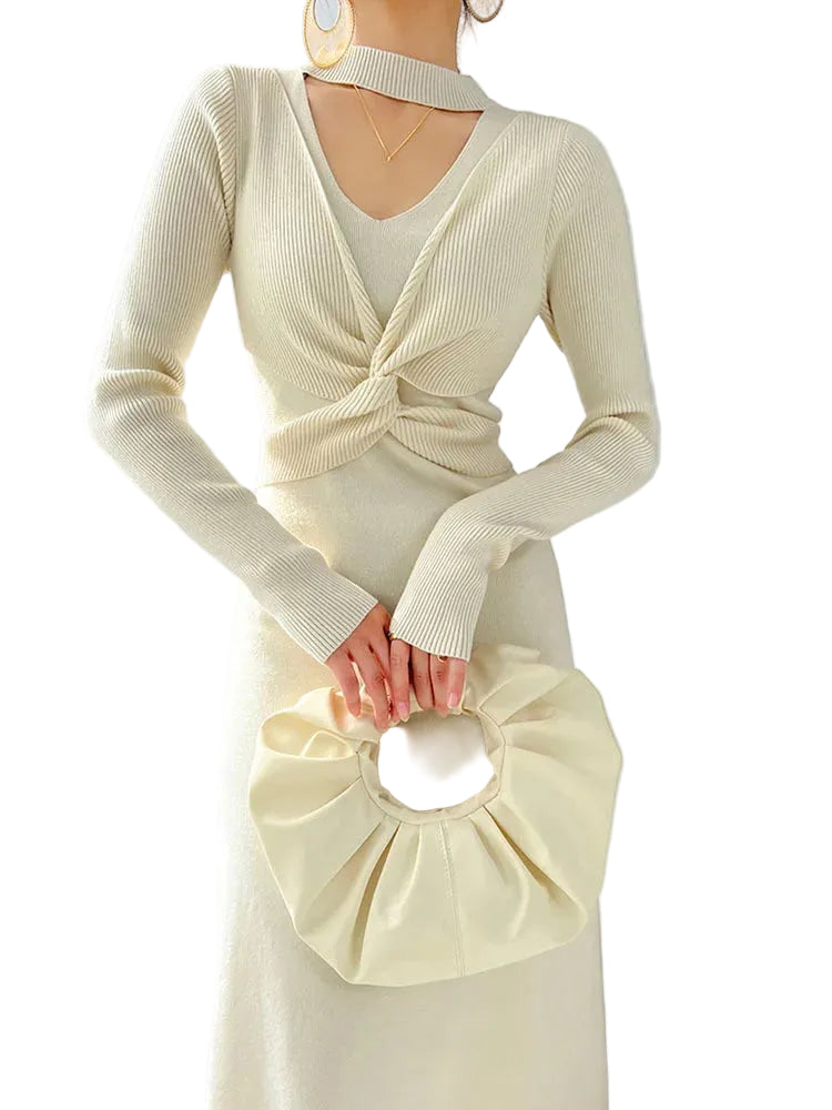 Women Casual A-line Long Sleeve Knit Bandage Dress
