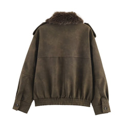 Women Leather PU Detachable Fur Collar Jacket