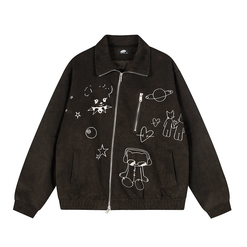 Women Graffiti Embroidery Flip Collar Melange Jacket