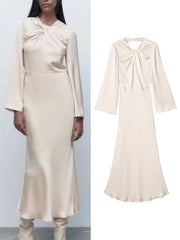 Women Elegant Long Soft Silk Backless Dress