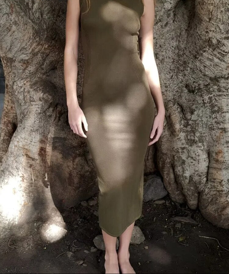 Women Bodycon O Neck Sleeveless Long Dress