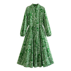 Woman Vintage Lapel Long Sleeve Lace Up Front Dress